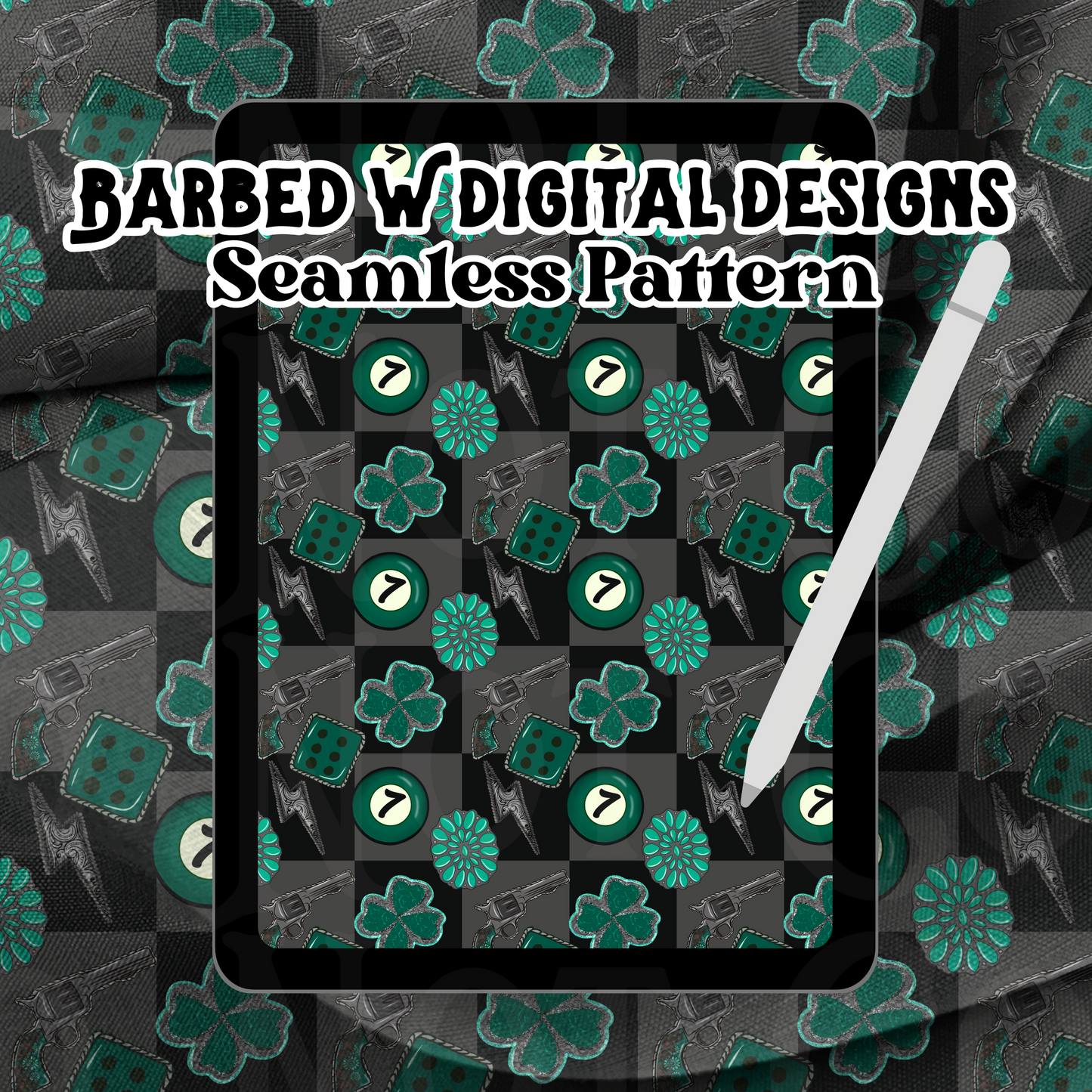 Western st Patrick’s day seamless pattern, shamrock pattern, turquoise pattern, four leaf clover png, western png, dice png, cowgirl png