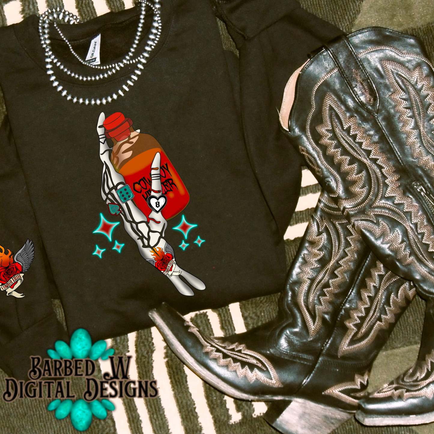 Cowboy killer png, punchy png, yallternative png, western png, cowgirl png, 8 ball png, turquoise png, tattoos png, dice png, skelly png