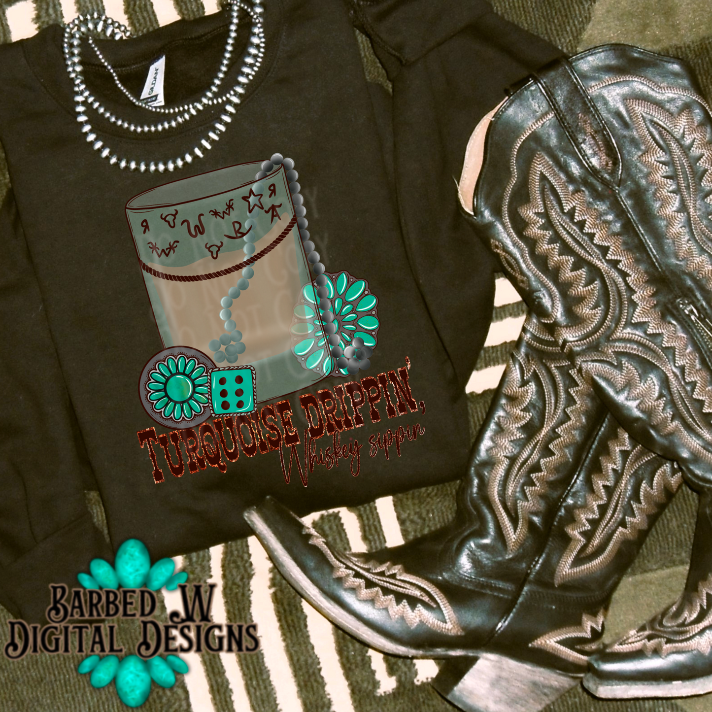 Whiskey png, cowgirl png, western png, turquoise png, dice png, punchy png, Navajo beads png, yallternative png, cowboy brand png