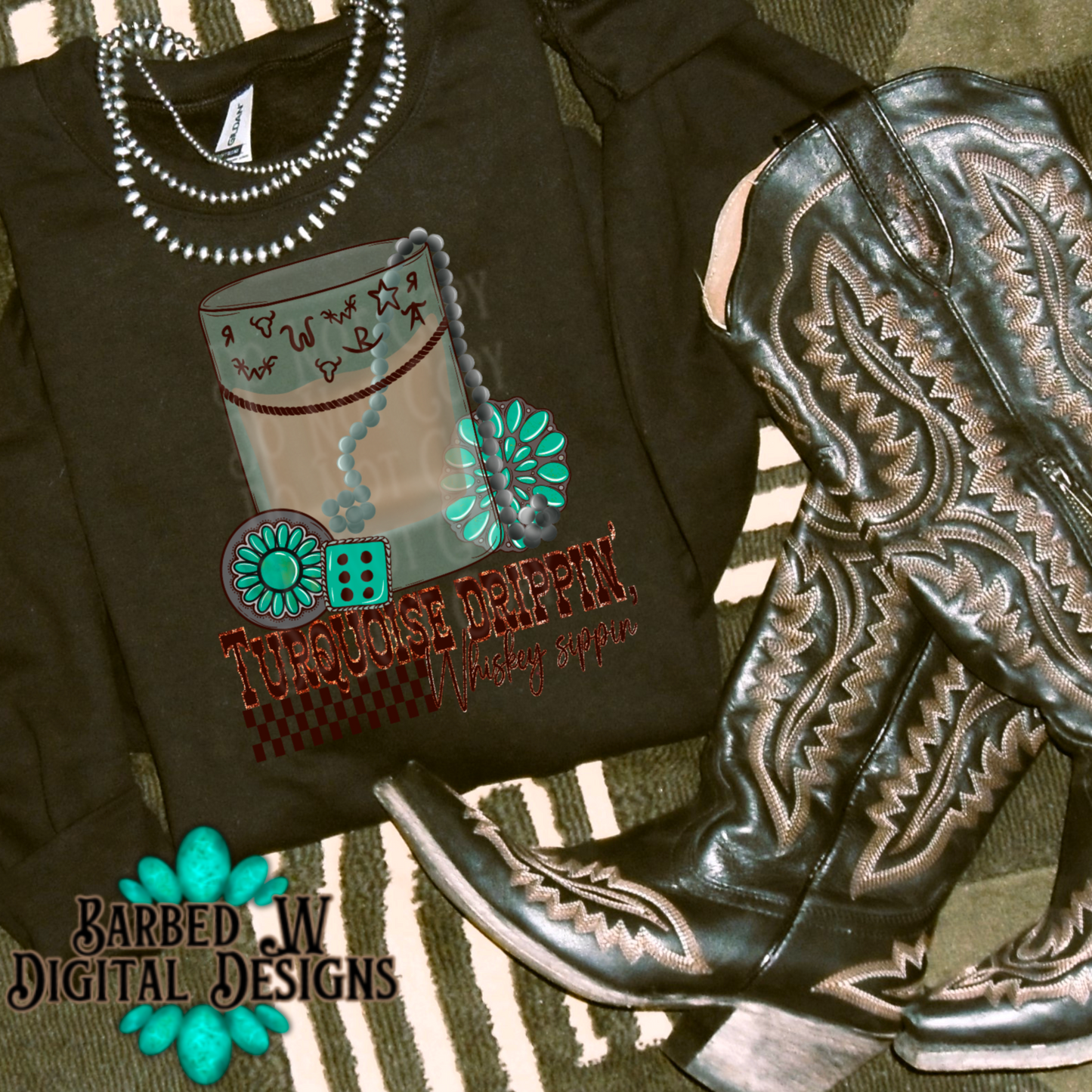 Whiskey png, cowgirl png, western png, turquoise png, dice png, punchy png, Navajo beads png, yallternative png, cowboy brand png