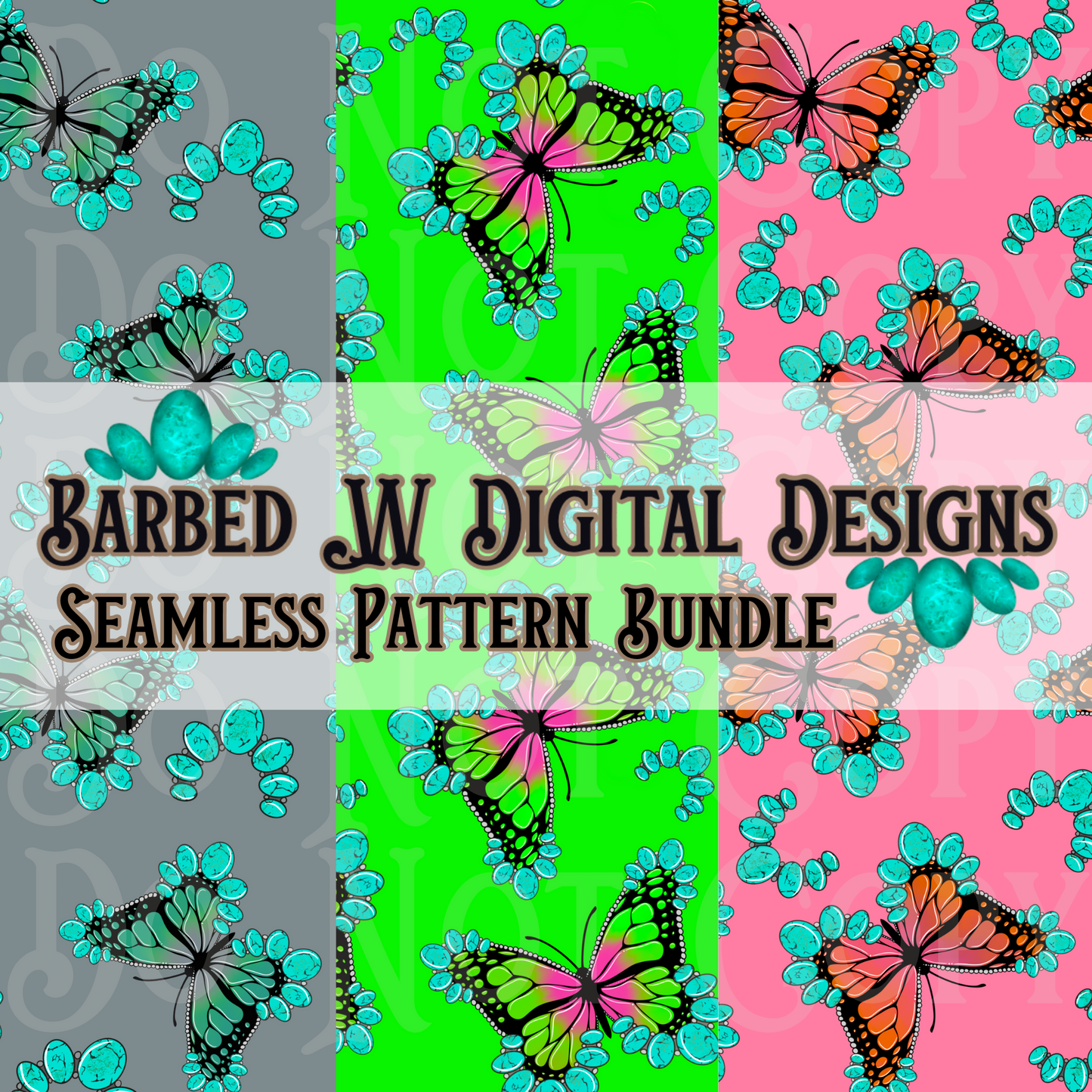 Turquoise Butterflies Seamless Pattern Bundle