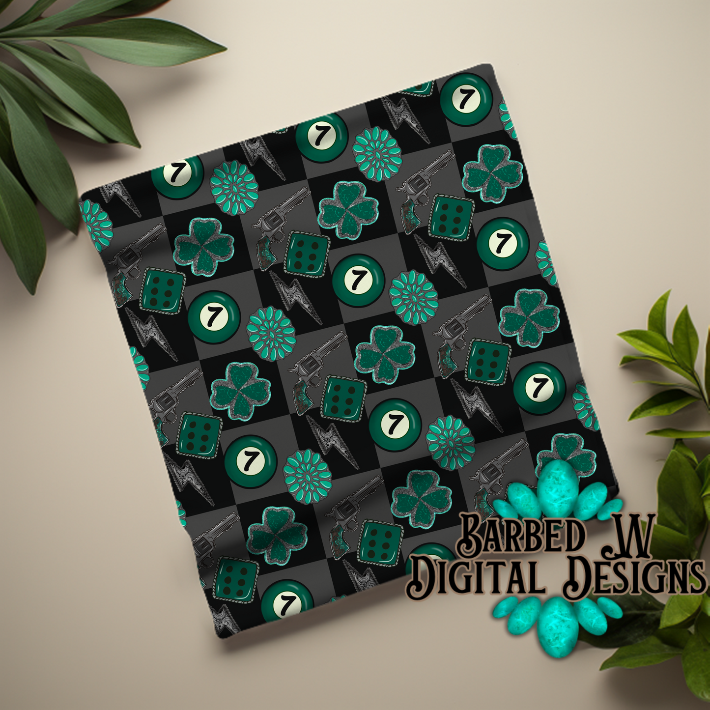 Western st Patrick’s day seamless pattern, shamrock pattern, turquoise pattern, four leaf clover png, western png, dice png, cowgirl png