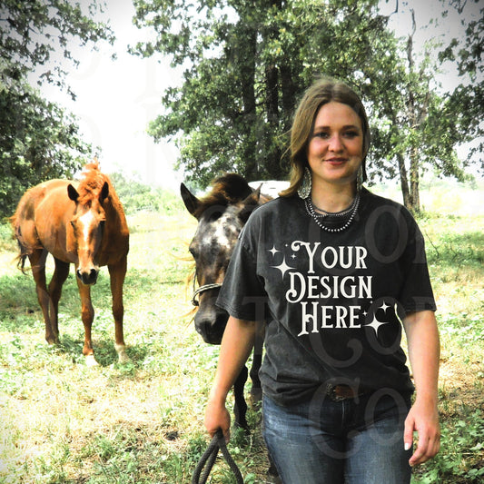 Western T-shirt Mockup, Cowgirl Mockup, Horses, mineral wash tshirt mock, black tshirt mockup, Western aesthetic mock, cowgirl lifestyle