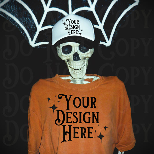 Spooky T-shirt Mockup, Halloween Mockup, Skeleton shirt Mockup, Comfort Colors mockup, hat mockup, orange tshirt mockup, yam t-shirt mockup