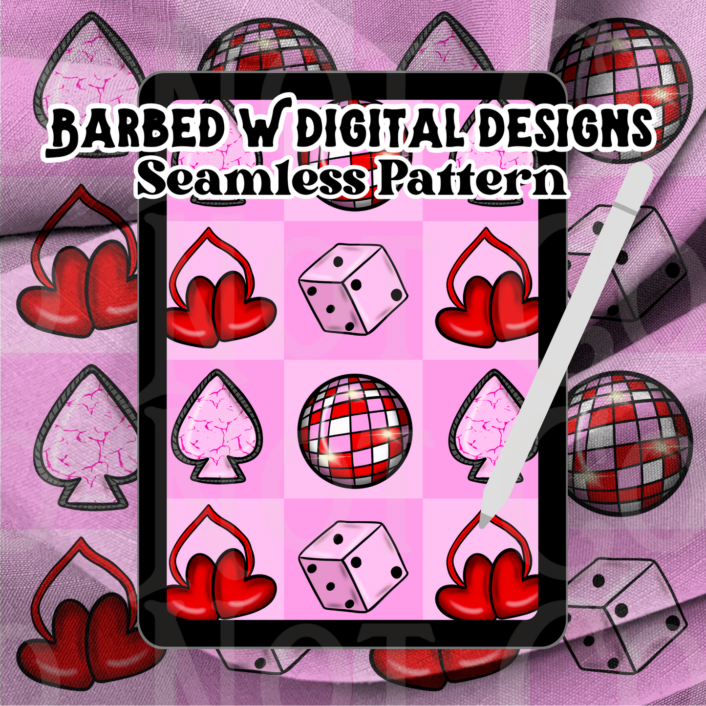 Western valentines Seamless Pattern, disco png, retro png, western png, punchy png, pink pattern, cherries png, spade png, dice png