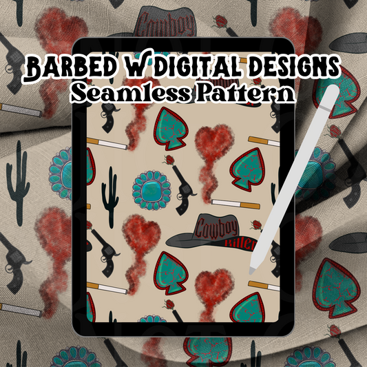 Cowboy killer Seamless Pattern, cigarette png, western png, valentines png, punchy png, turquoise pattern, cactus pattern, revolver png