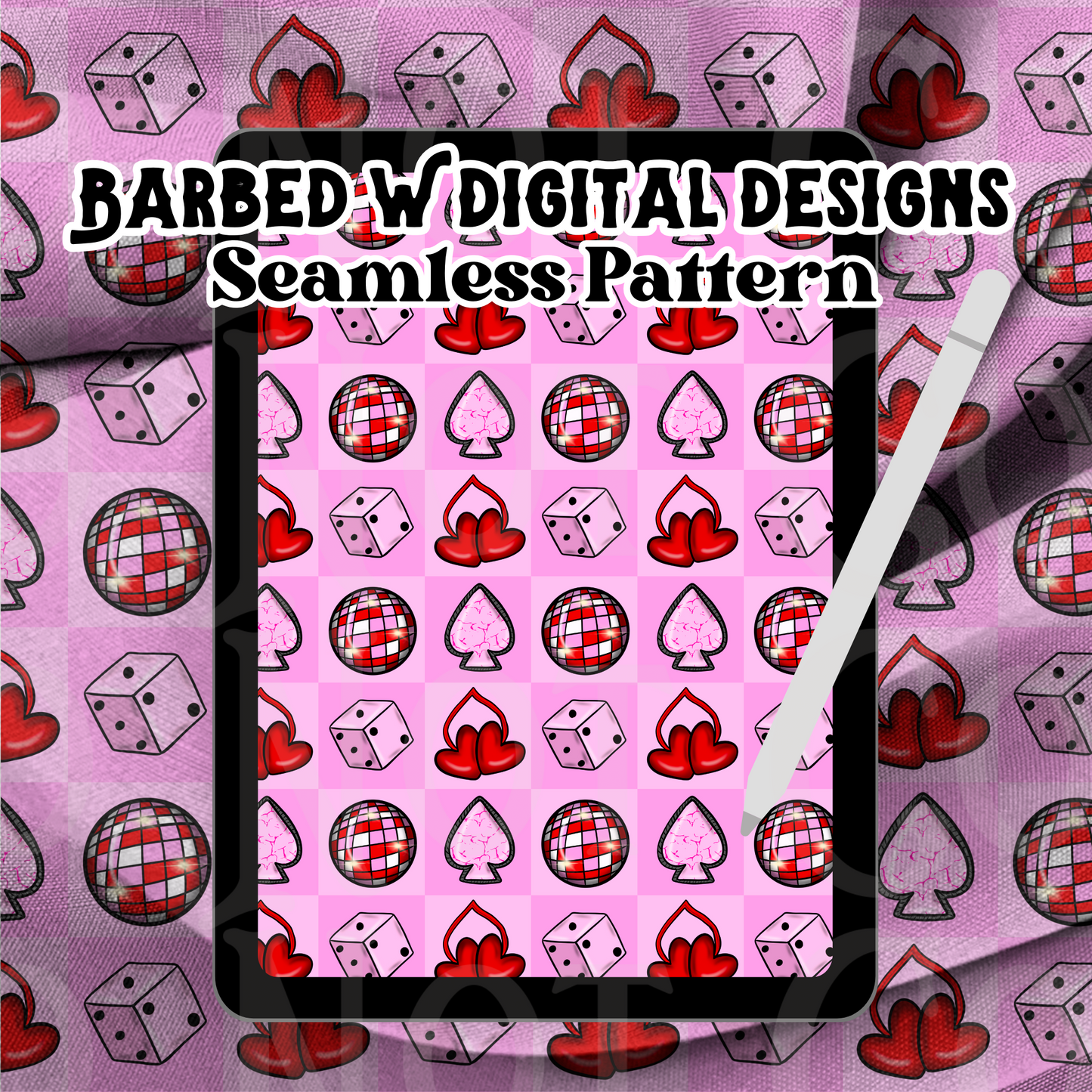 Western valentines Seamless Pattern, disco png, retro png, western png, punchy png, pink pattern, cherries png, spade png, dice png