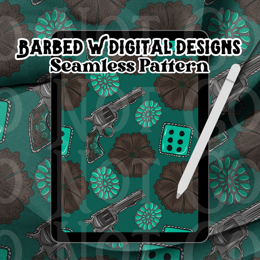 Western seamless pattern, revolver png, turquoise png, cowgirl png, punchy png, leather png, dice png, flowers png