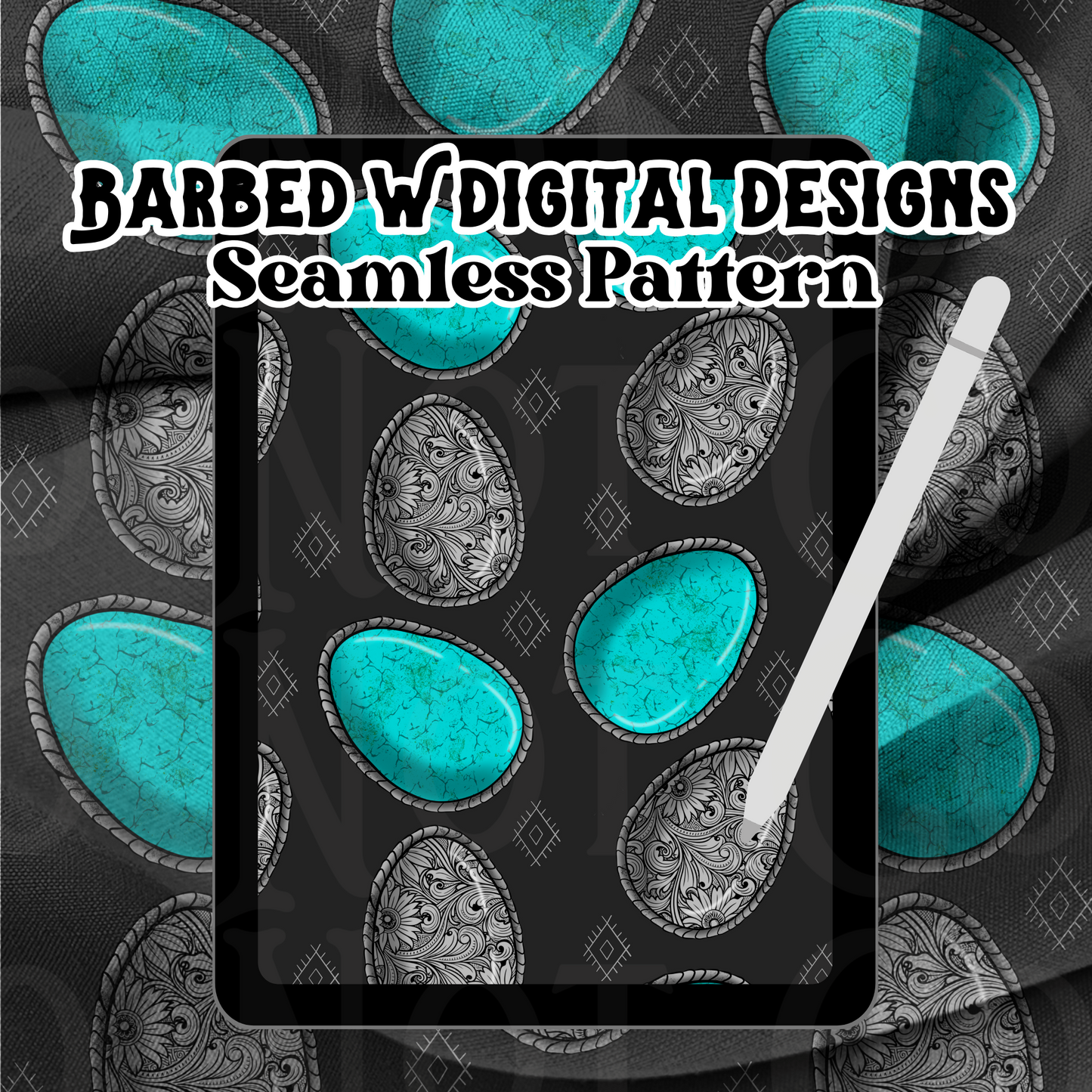 Western Easter seamless pattern, western Easter egg png, turquoise png, western png, tooled silver png, turquoise egg png, silver egg