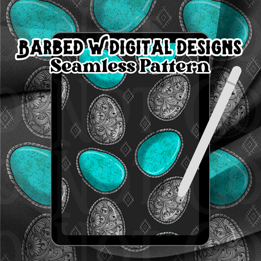 Western Easter seamless pattern, western Easter egg png, turquoise png, western png, tooled silver png, turquoise egg png, silver egg