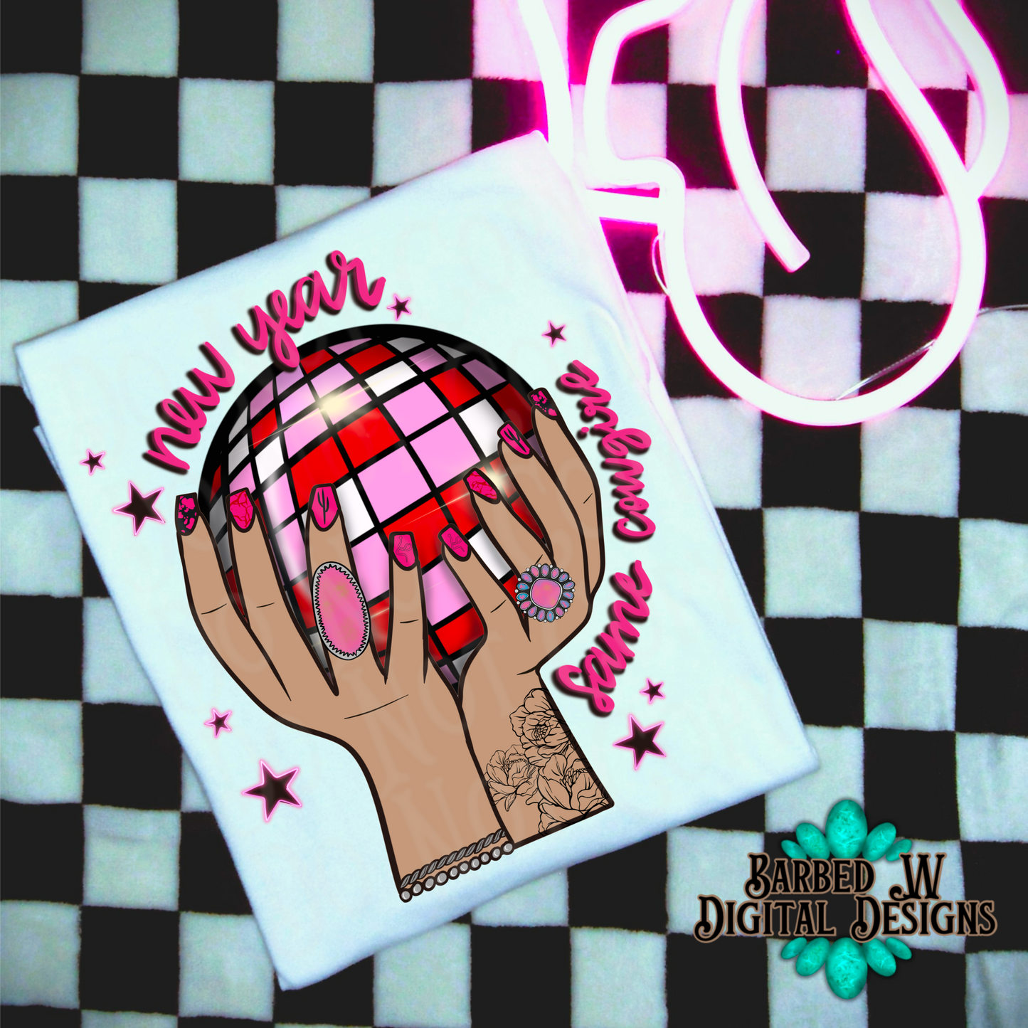 Western new year png, western png, disco ball png, New Year’s Eve png, pink png, tattoos png, turquoise png, cowgirl png