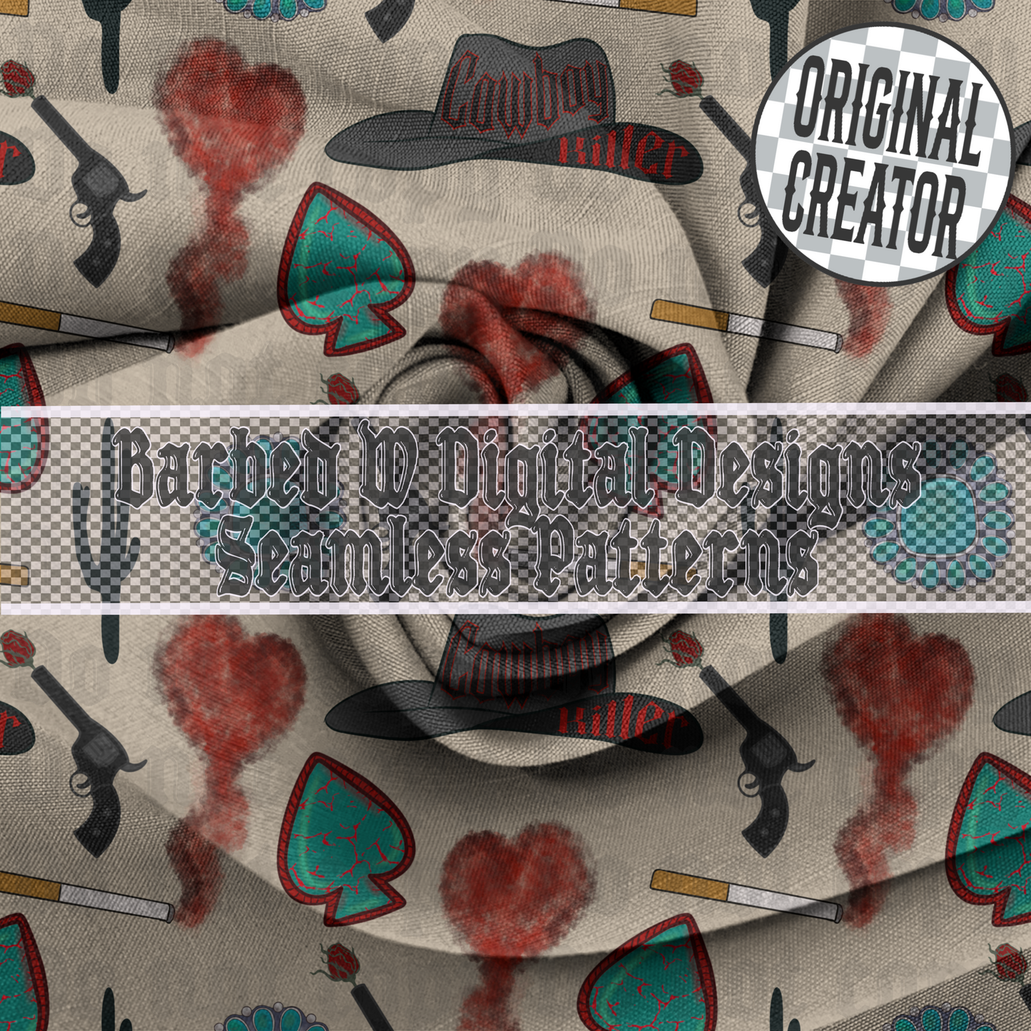 Cowboy killer Seamless Pattern, cigarette png, western png, valentines png, punchy png, turquoise pattern, cactus pattern, revolver png