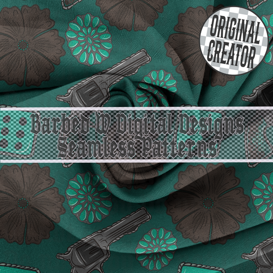 Western seamless pattern, revolver png, turquoise png, cowgirl png, punchy png, leather png, dice png, flowers png