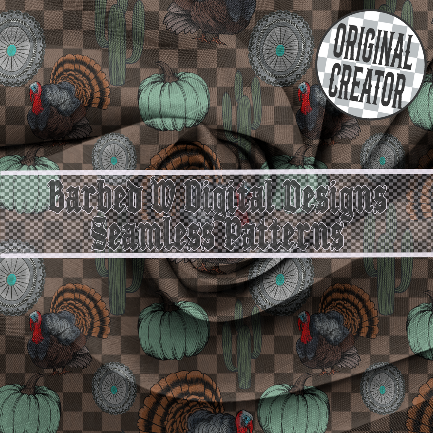 Western Thanksgiving seamless pattern, turkey png, western fall png, turquoise png, punchy png, western turkey png, pumpkin png, cactus png