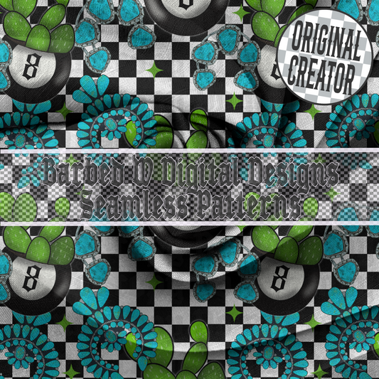 Yallternative seamless pattern, western png, turquoise png, cowgirl png, punchy png, 8 ball png, turquoise jewelry pattern, checkers pattern