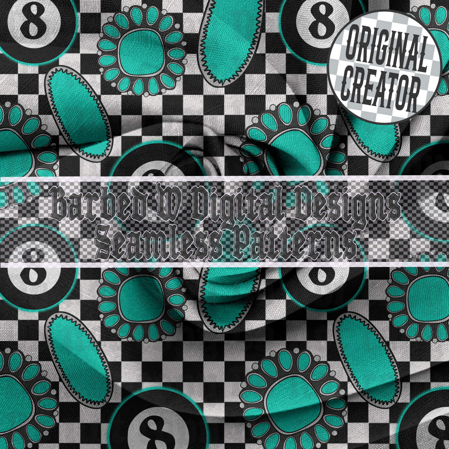 Yallternative seamless pattern, western png, turquoise png, cowgirl png, punchy png, 8 ball png, turquoise jewelry pattern, checkers pattern