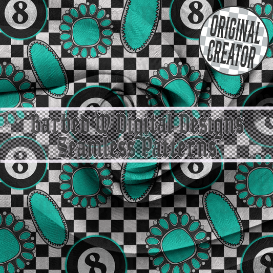 Yallternative seamless pattern, western png, turquoise png, cowgirl png, punchy png, 8 ball png, turquoise jewelry pattern, checkers pattern