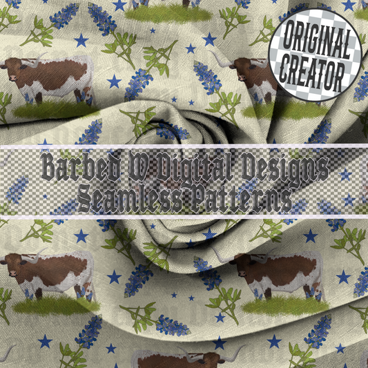 Texas seamless pattern, longhorn png, western png, bluebonnet png, hill country png, bluebonnet pattern, texas fabric pattern, cattle png
