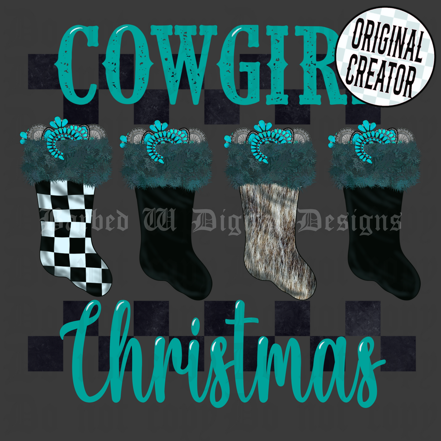 Western christmas png, Christmas stocking png, cowgirl png, checkers png, cowgirl christmas png, turquoise png, yallternative png, cowhide