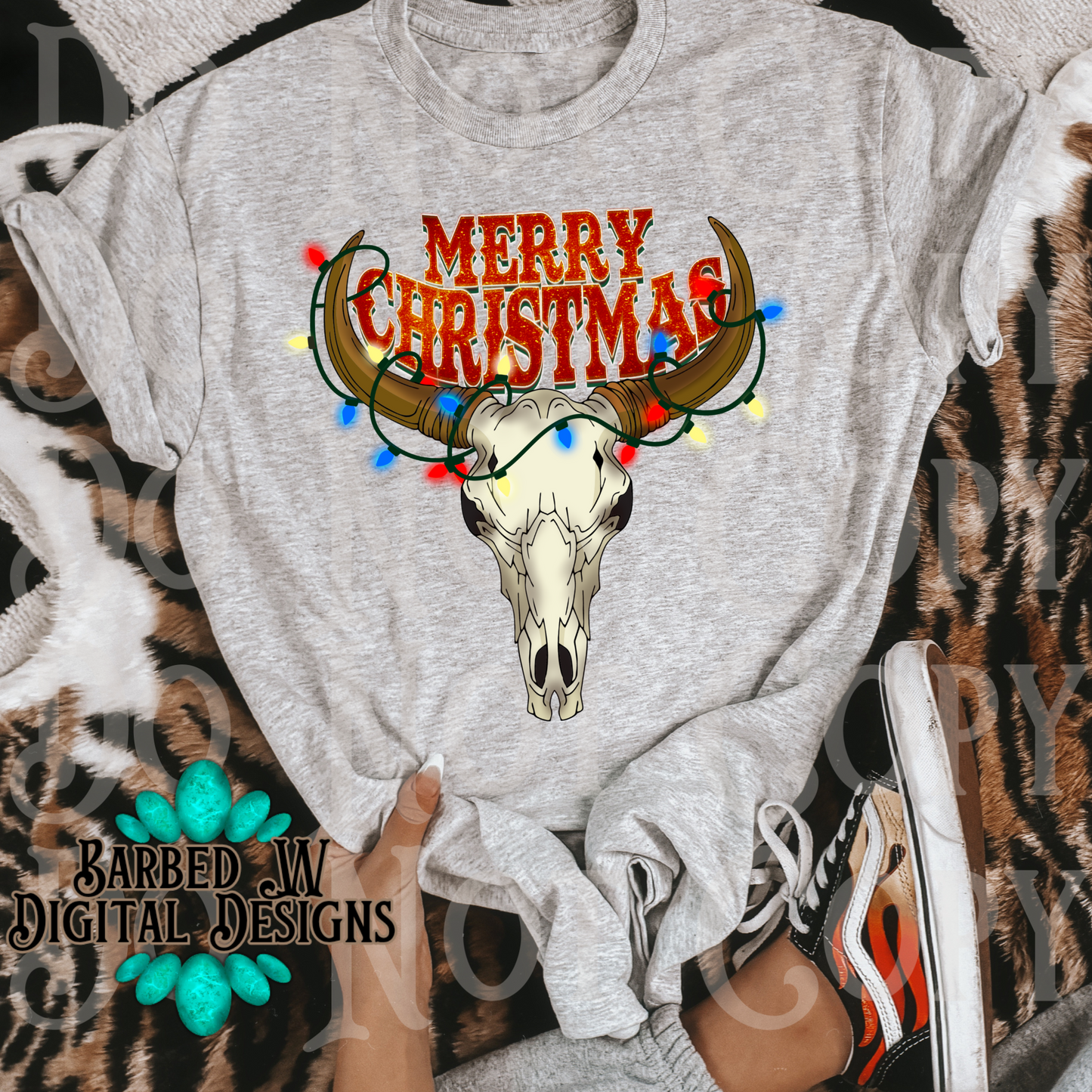 Merry Christmas png, western Christmas png, bull skull png, holiday lights png, punchy christmas png, sublimation png