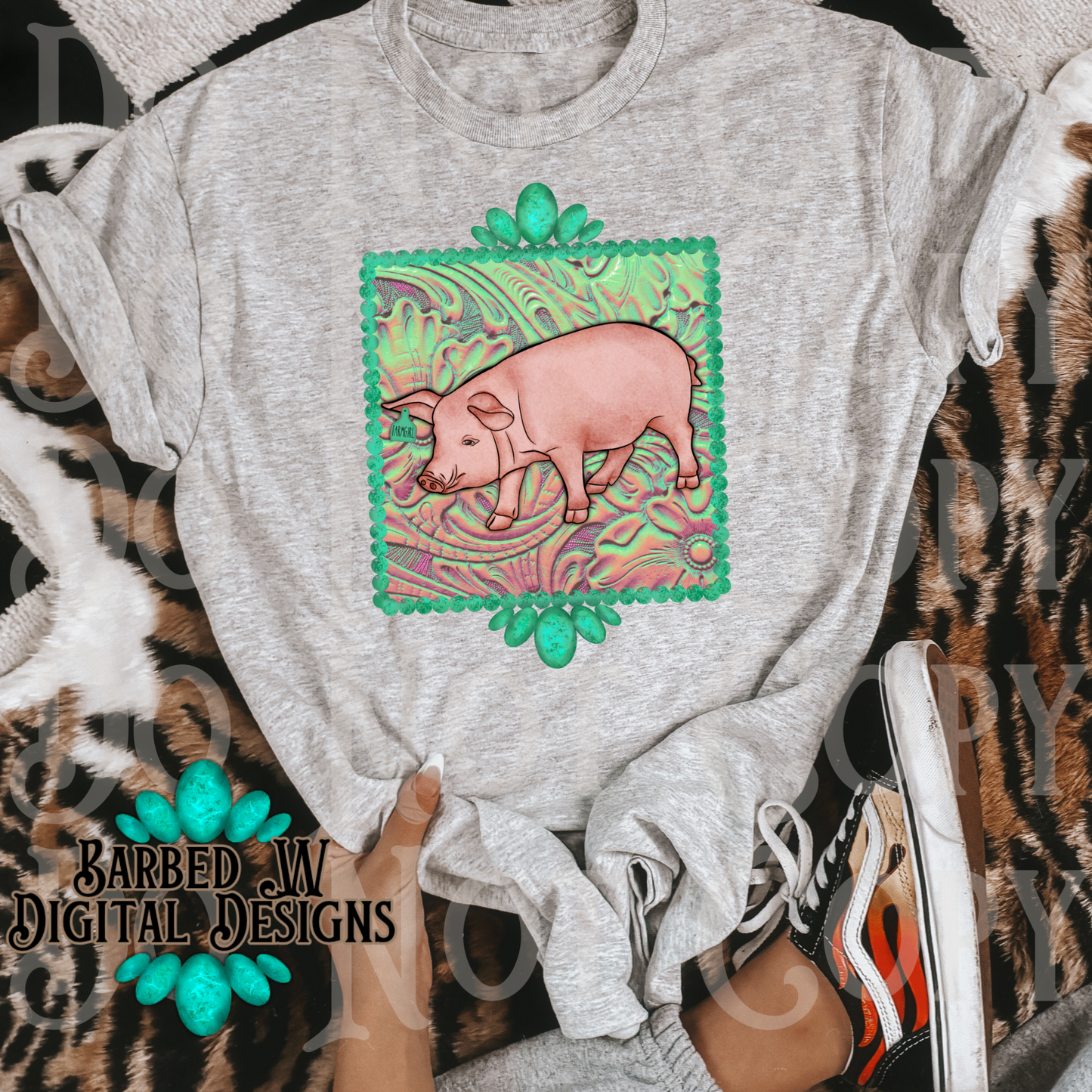 Pig png, turquoise png, farmgirl png, farm png, cattle tag png, stock show png, tooled leather png, western png, western sublimation design