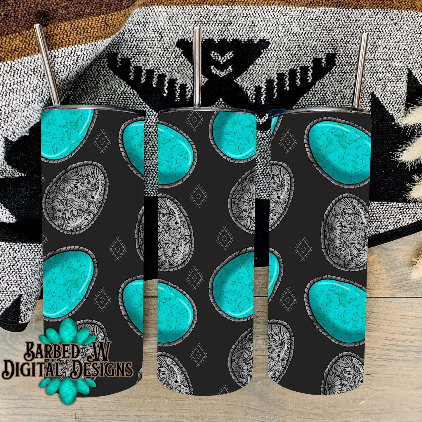 Western Easter seamless tumbler wrap, western Easter egg png, turquoise png, western png, tooled silver png, turquoise egg png, 20 oz