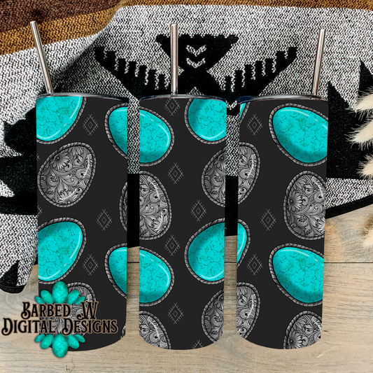 Western Easter seamless tumbler wrap, western Easter egg png, turquoise png, western png, tooled silver png, turquoise egg png, 20 oz