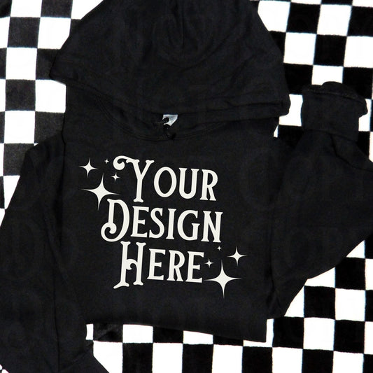 Hoodie Mockup, Flatlay Mockup, Yallternative Mockup, Gildan 50/50 hoodie, black hoodie mock, checkers, Western grunge aesthetic