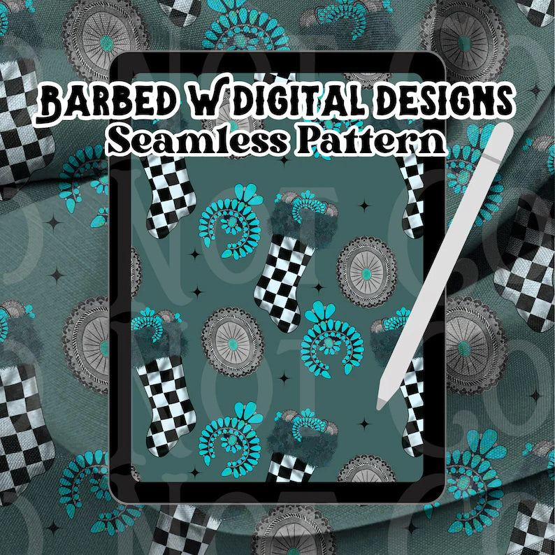 Christmas seamless pattern png, western Christmas png, yallternative png, turquoise png, stocking png, christmas pattern, checkers png