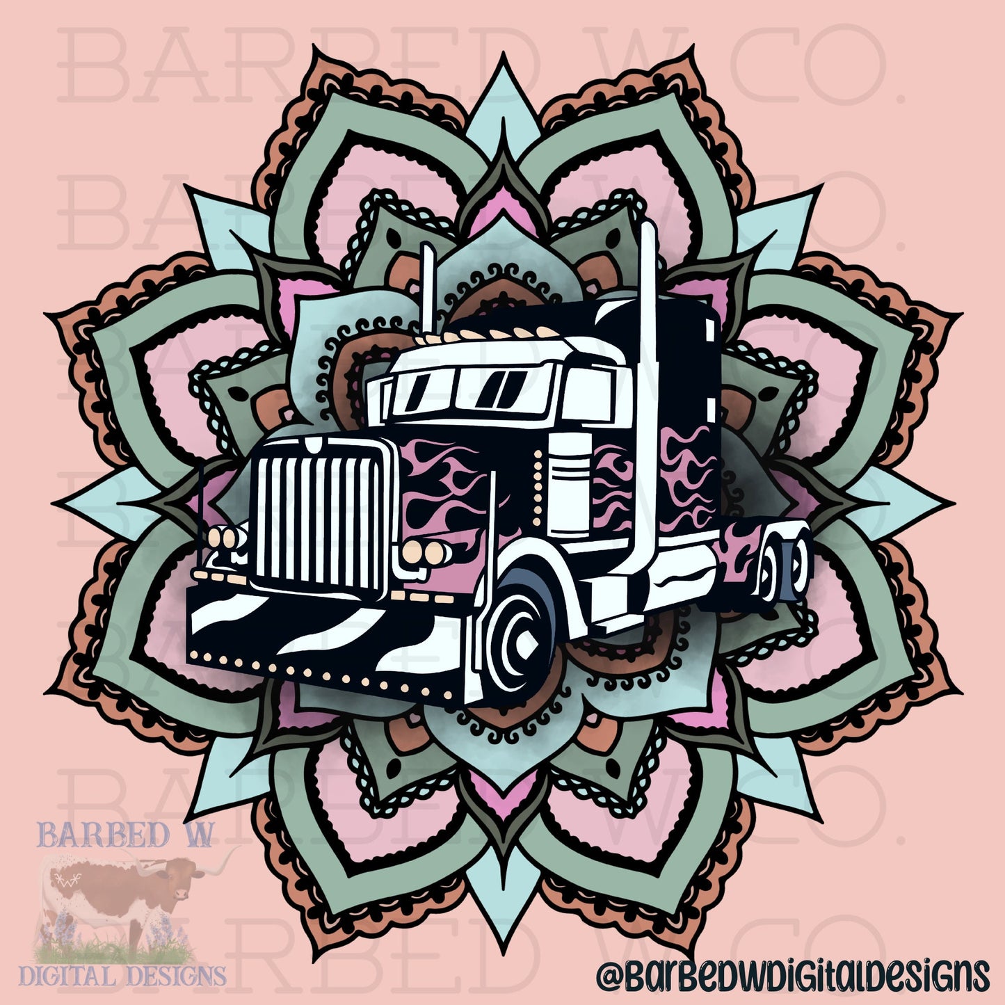 Trucker png, big rig png, 18 wheeler png, mandala png, trucking png, truckers wife png, blue collar png, peterbuilt png, kenworth png