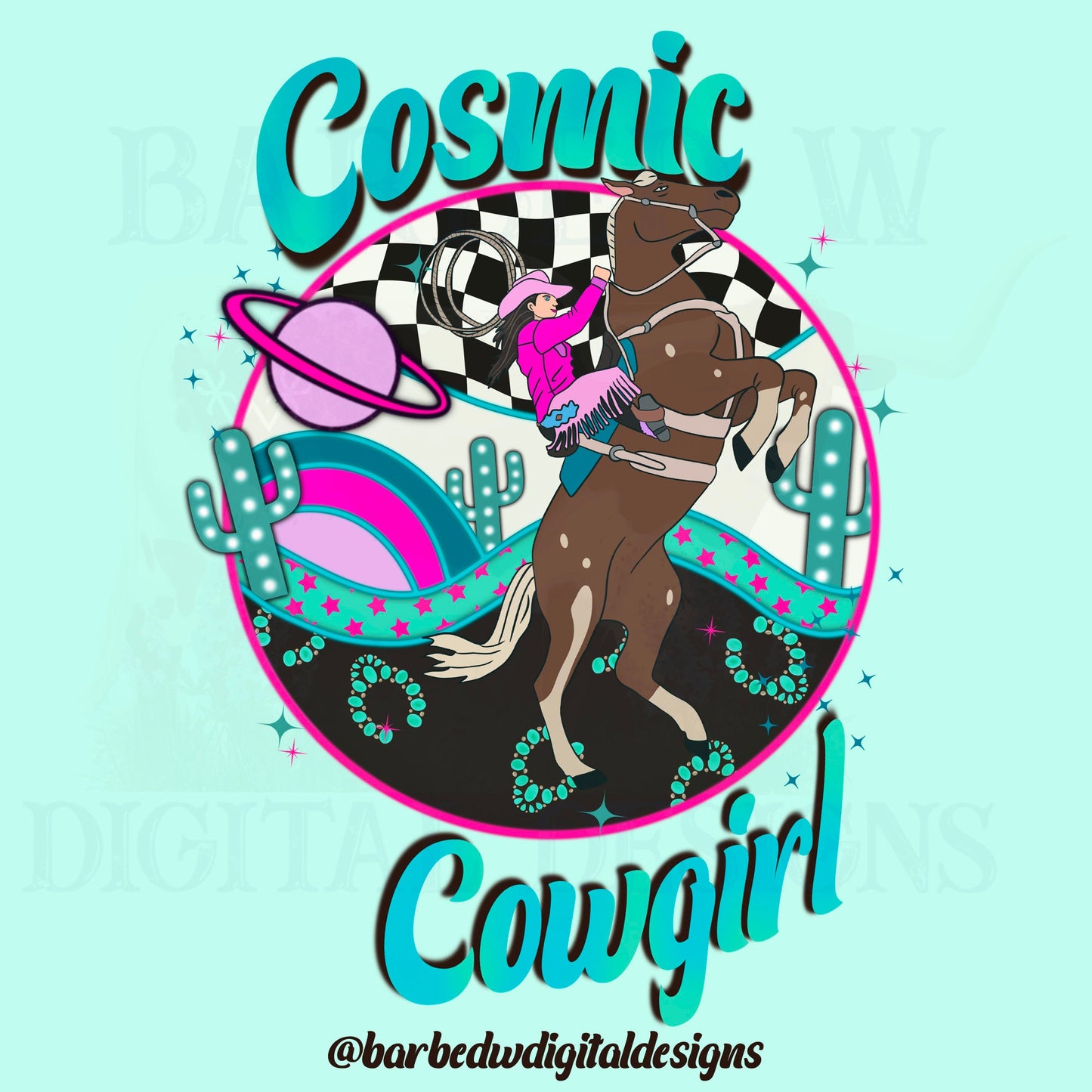 Cosmic Cowgir png, space png, western png, turquoise png, cactus png, retro western png, checkers png, planet png, horse png, stars png