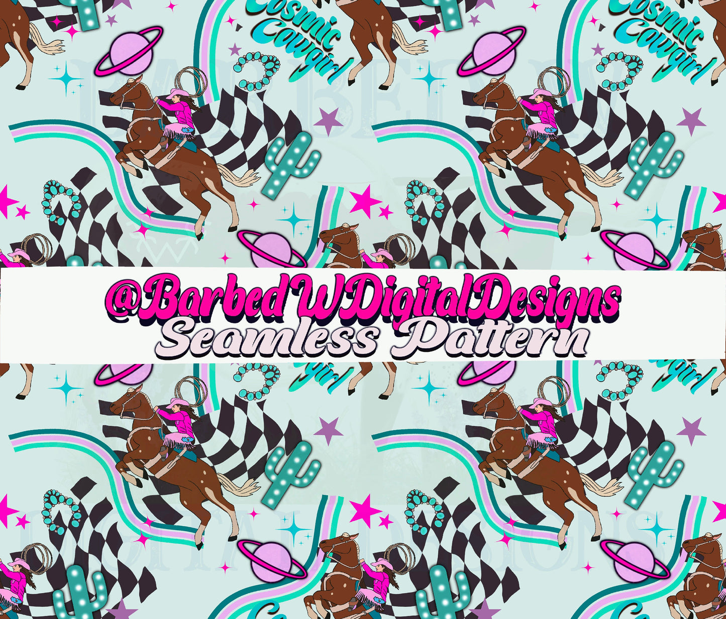 Cosmic Cowgirl seamless pattern, cowgirl png, checkers png, punchy png, cosmic png, retro pattern, rainbow western png, cactus png