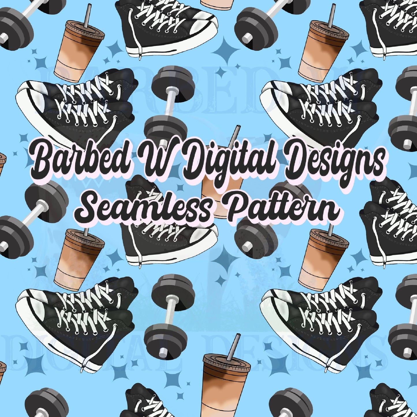 Weight lifting Seamless Pattern, gym girl png, fitness png, workout png, iced coffee png, converse pattern, dumbbell pattern, coffee pattern