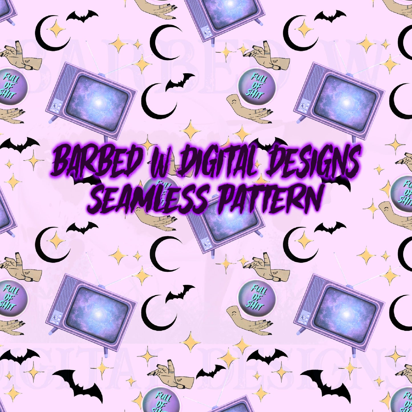 Witchy Seamless Pattern, spooky png, retro tv png, moon png, crystal ball png, retro fabric pattern, spooky fabric pattern, bats png