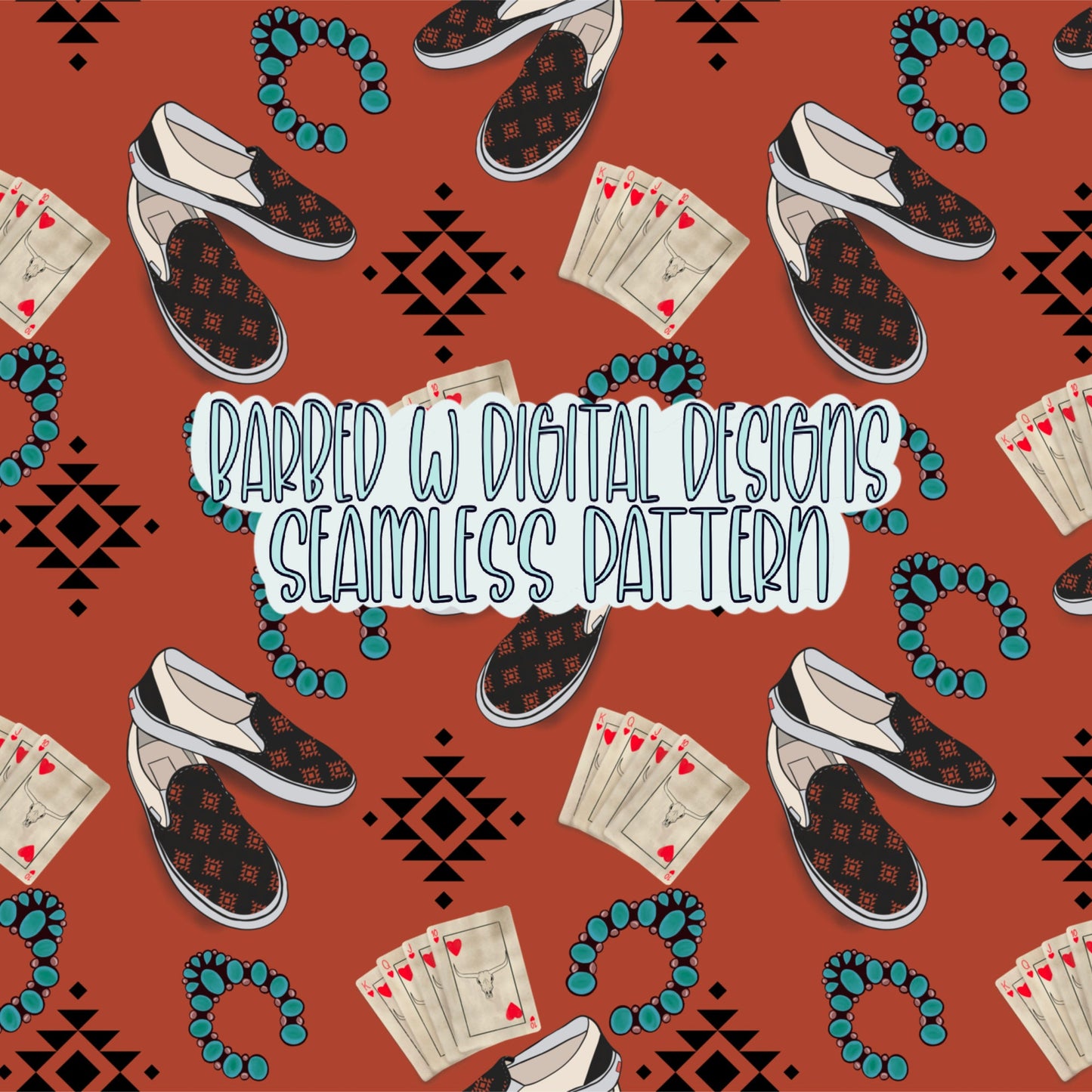 Western seamless pattern, Punchy png, western shoes, western png, turquoise png, cowgirl, yallternative, aztec pattern, poker cards png