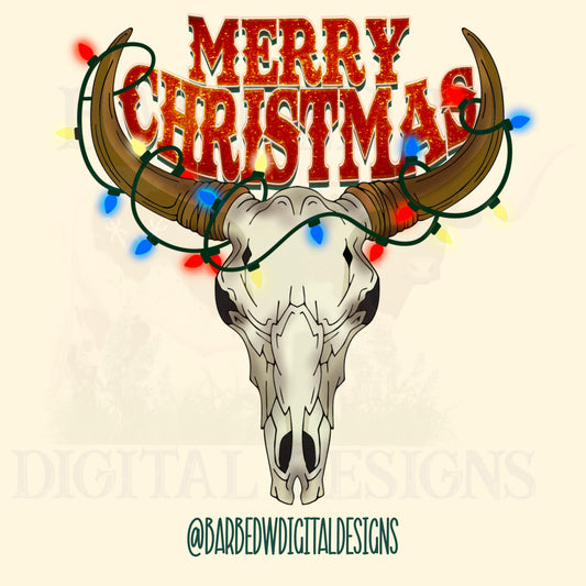 Merry Christmas png, western Christmas png, bull skull png, holiday lights png, punchy christmas png, sublimation png