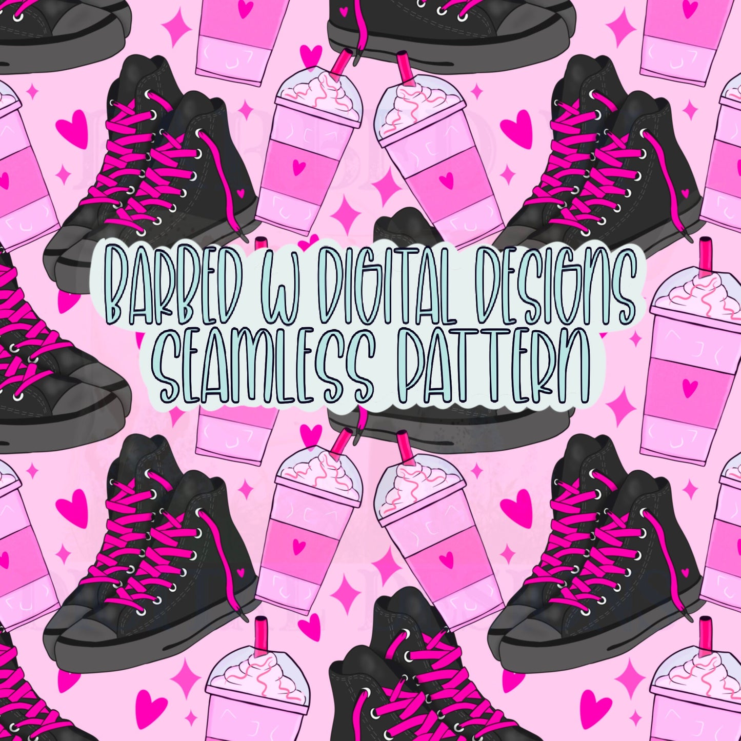 Converse seamless pattern, iced coffee pattern, valentines png, pink png, heart png, alternative pattern, pink fabric pattern, heart pattern