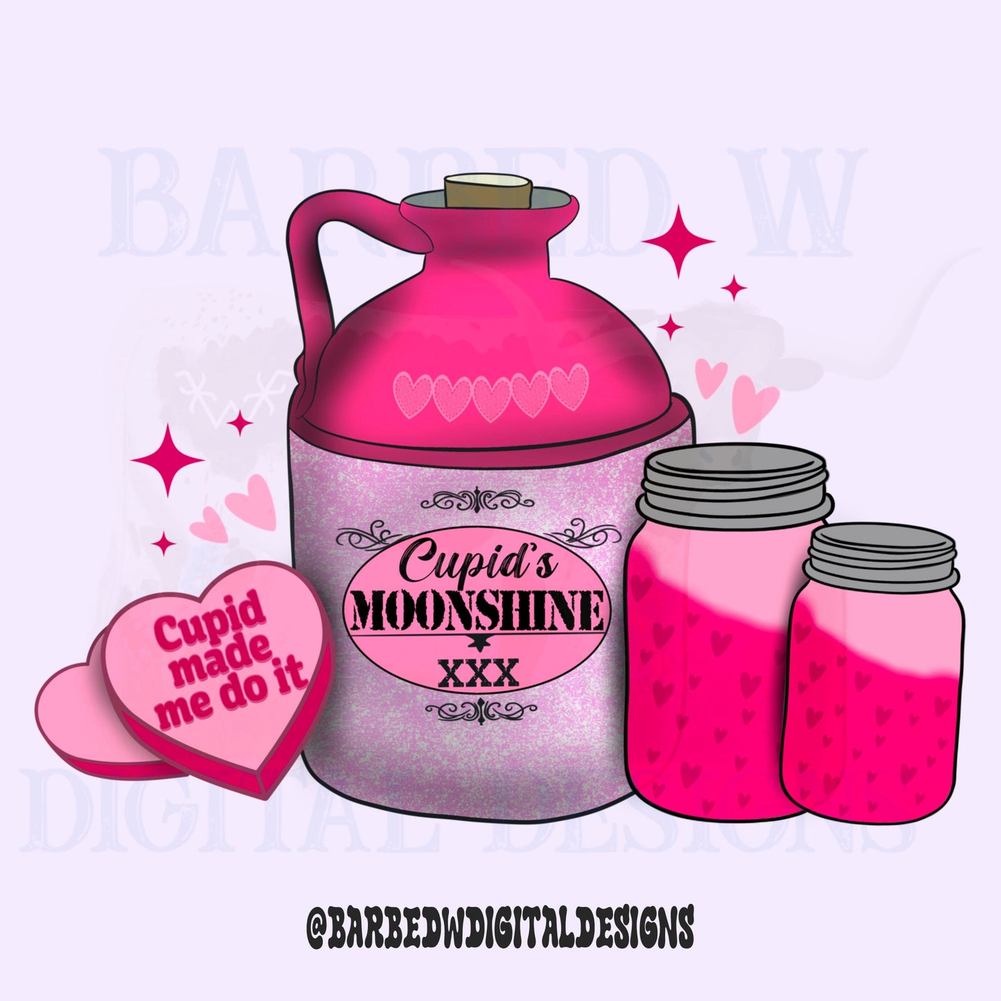 Cupids moonshine png, moonshine png, valentines png, hearts png, pink png, alcohol png, conversation hearts png, western valentines png