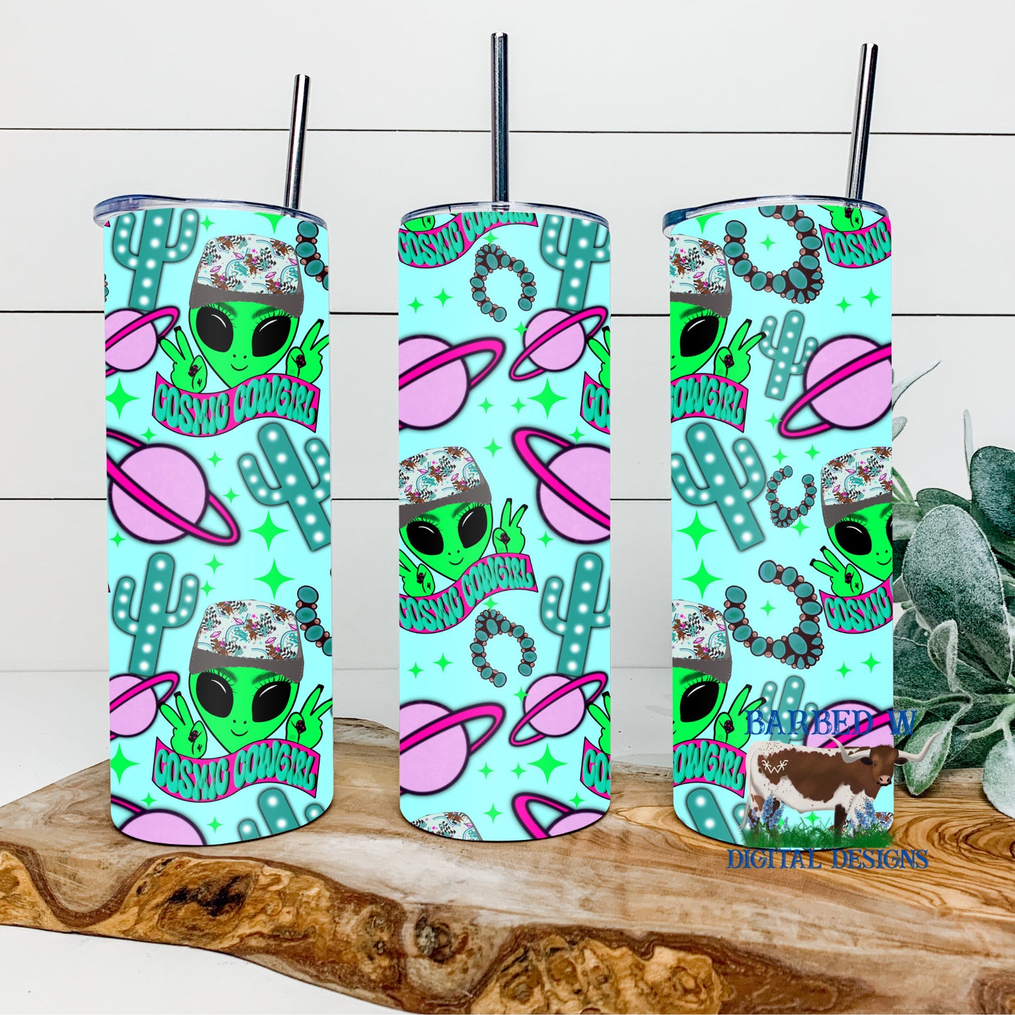 cosmic cowgirl tumbler png, alien tumbler png, western tumbler png, turquoise tumbler png, neon tumbler png, cactus tumbler png, seamless