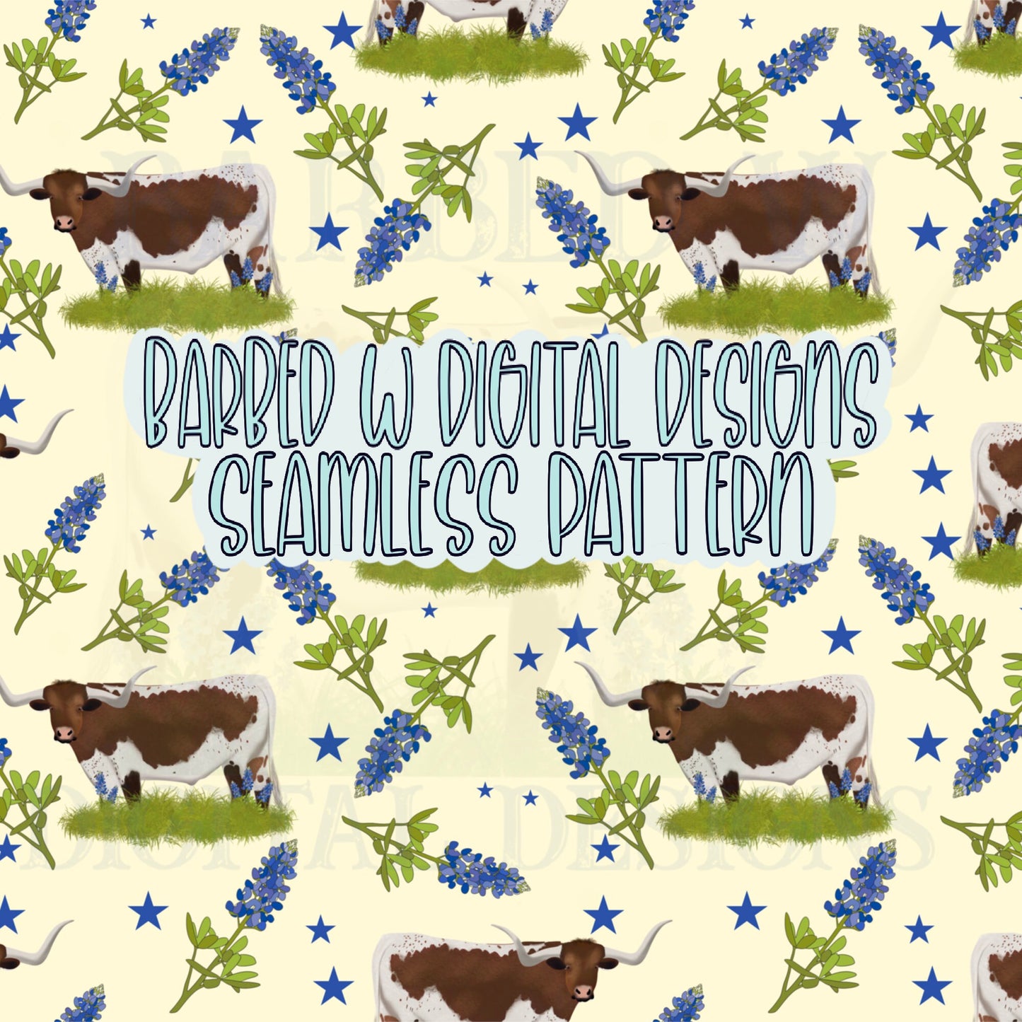 Texas seamless pattern, longhorn png, western png, bluebonnet png, hill country png, bluebonnet pattern, texas fabric pattern, cattle png