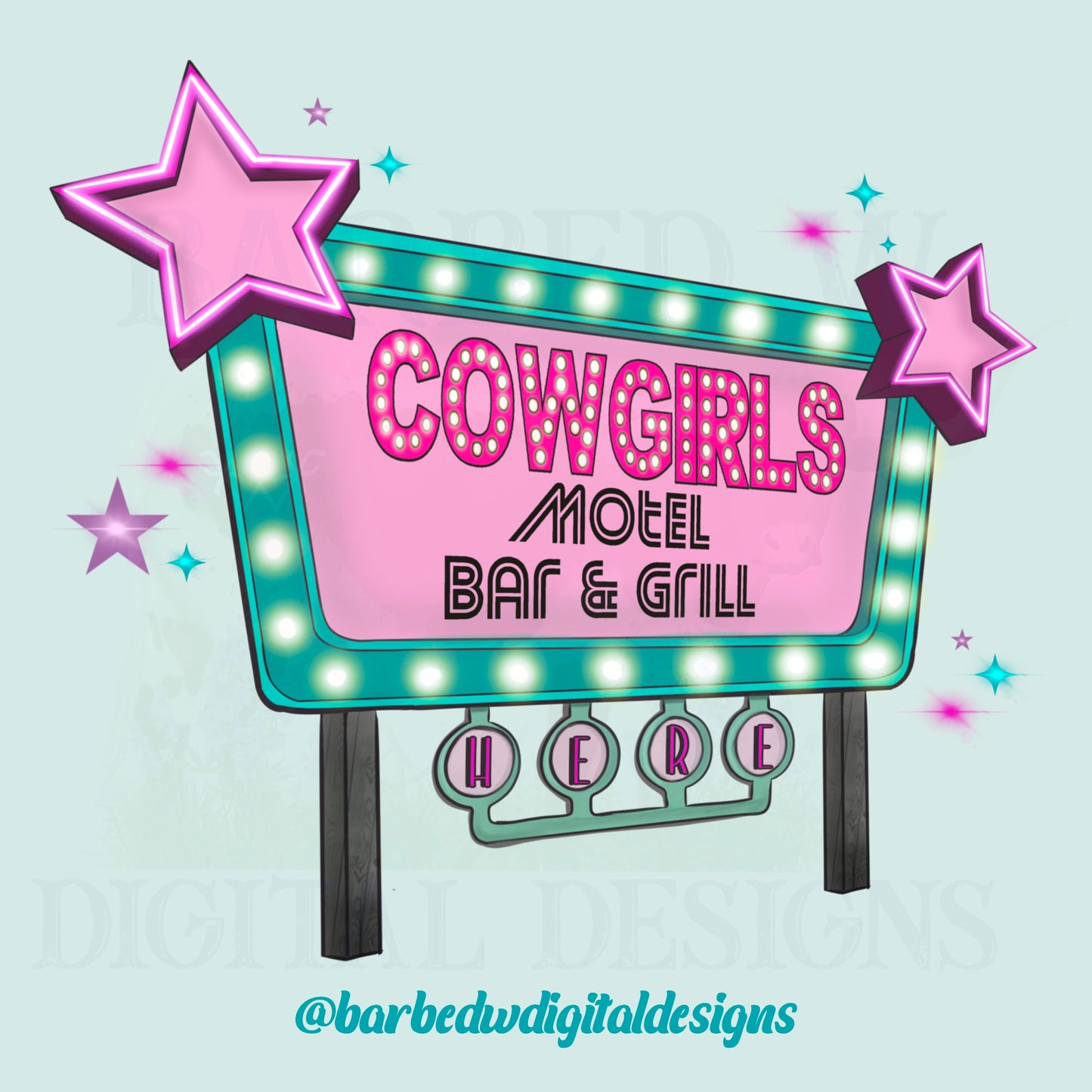 Cowgirls motel retro sign png, western png, turquoise png, cowgirl, yallternative png, neon sign png, western sign png, western sublimation