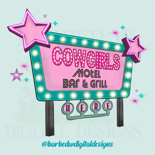 Cowgirls motel retro sign png, western png, turquoise png, cowgirl, yallternative png, neon sign png, western sign png, western sublimation