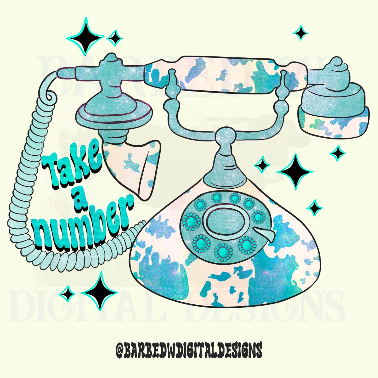 Take a number png, rotary phone png, western png, punchy png, cow print png, turquoise png, retro png, retro western png, holographic png