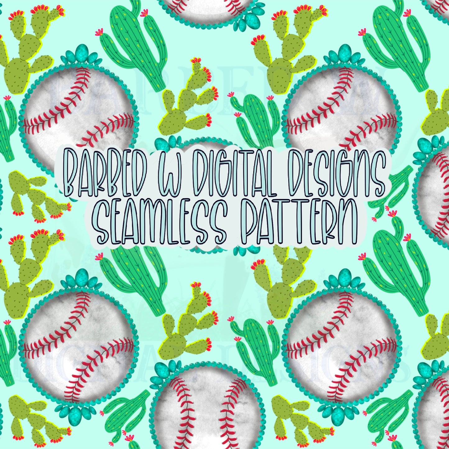 Baseball seamless pattern, western baseball png, turquoise png, cactus png, western png, baseball fabric file, sports fabric design