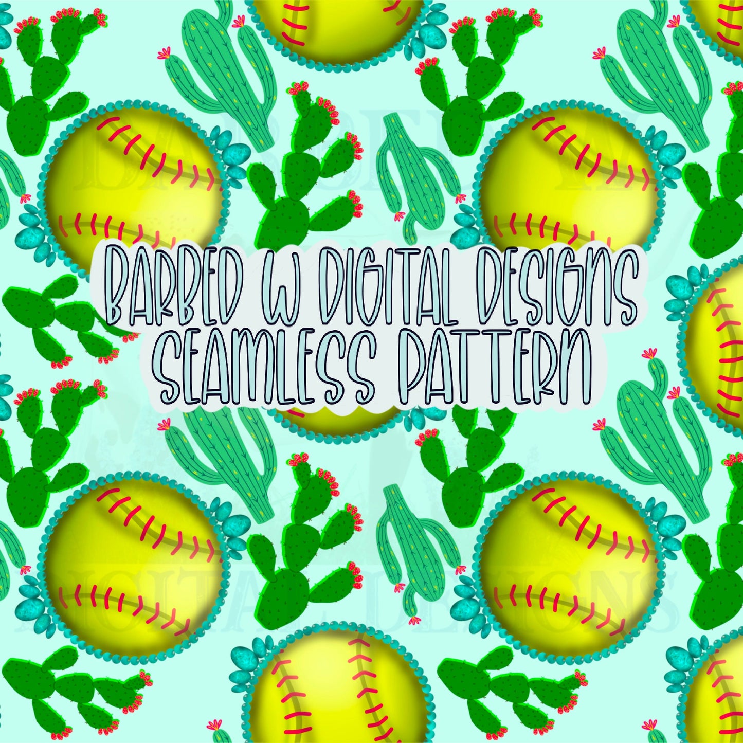 Softball seamless pattern, western softball png, turquoise png, cactus png, western png, softball fabric file, girls fabric pattern