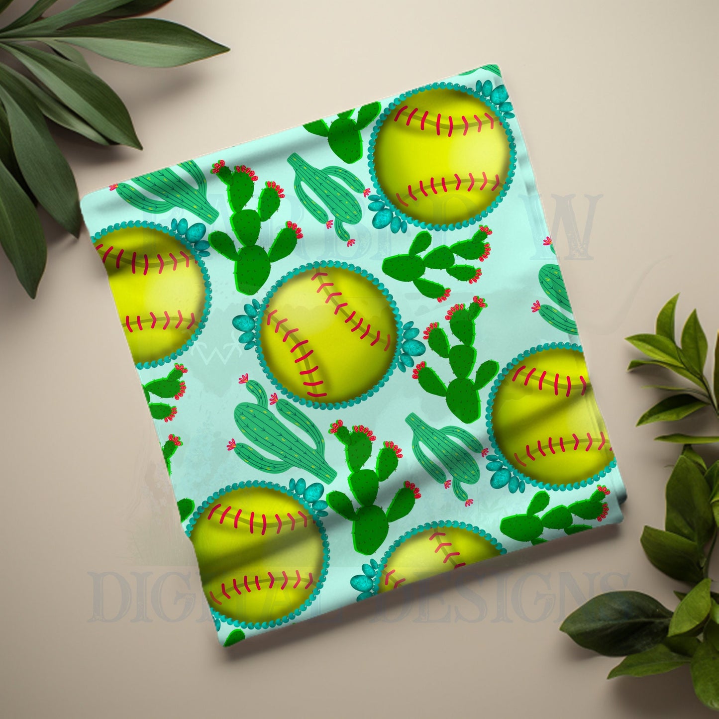 Softball seamless pattern, western softball png, turquoise png, cactus png, western png, softball fabric file, girls fabric pattern