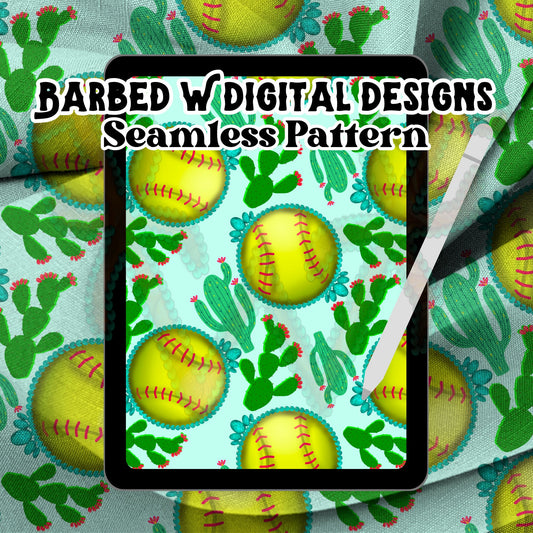 Softball seamless pattern, western softball png, turquoise png, cactus png, western png, softball fabric file, girls fabric pattern