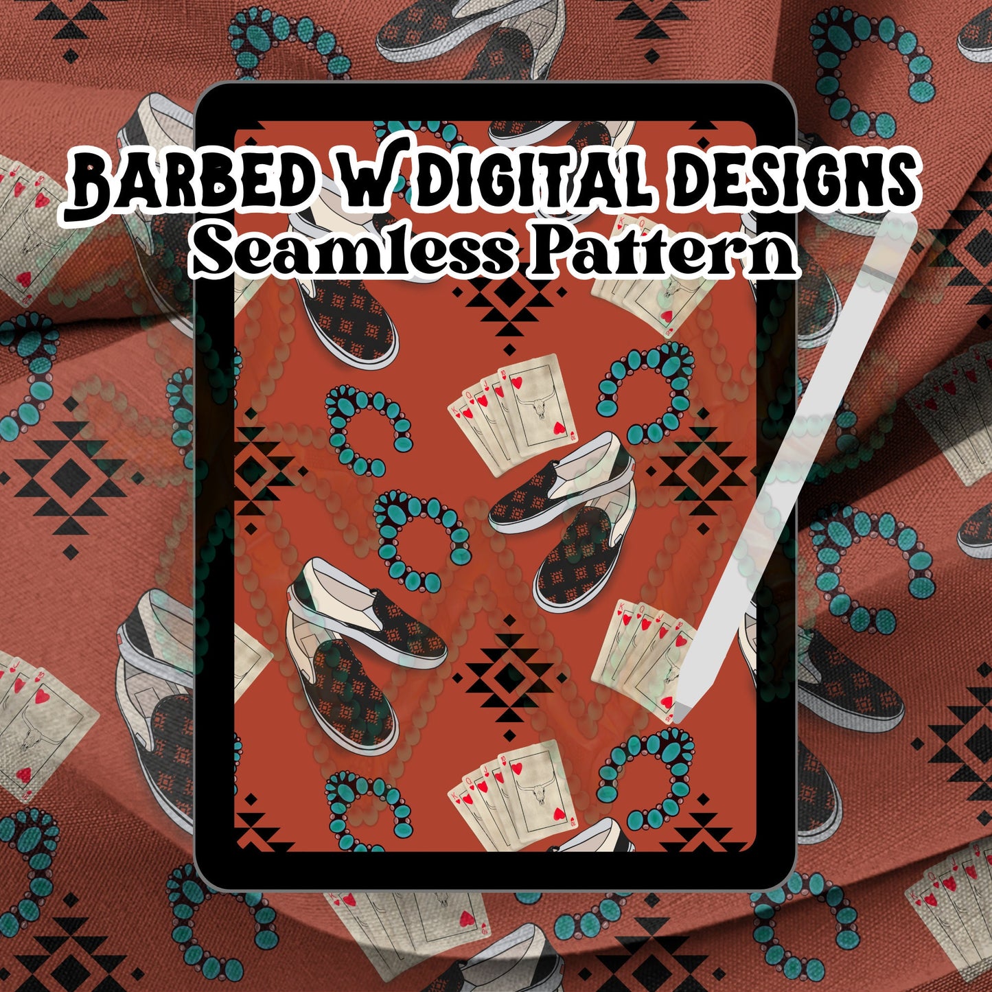 Western seamless pattern, Punchy png, western shoes, western png, turquoise png, cowgirl, yallternative, aztec pattern, poker cards png