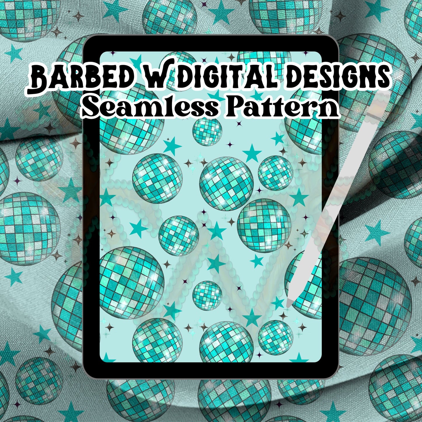 Retro disco ball Seamless Pattern, disco png, retro png, western png, punchy png, blue fabric pattern, western pattern, pastel pattern