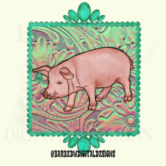 Pig png, turquoise png, farmgirl png, farm png, cattle tag png, stock show png, tooled leather png, western png, western sublimation design